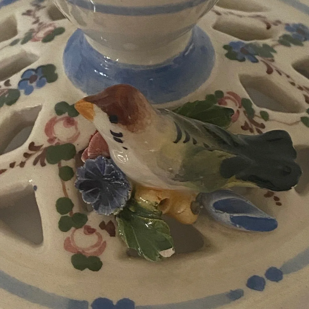 Naples Italy‎ Ceramic Candlestick Holder Applied Flowers Bird Reticulated Base